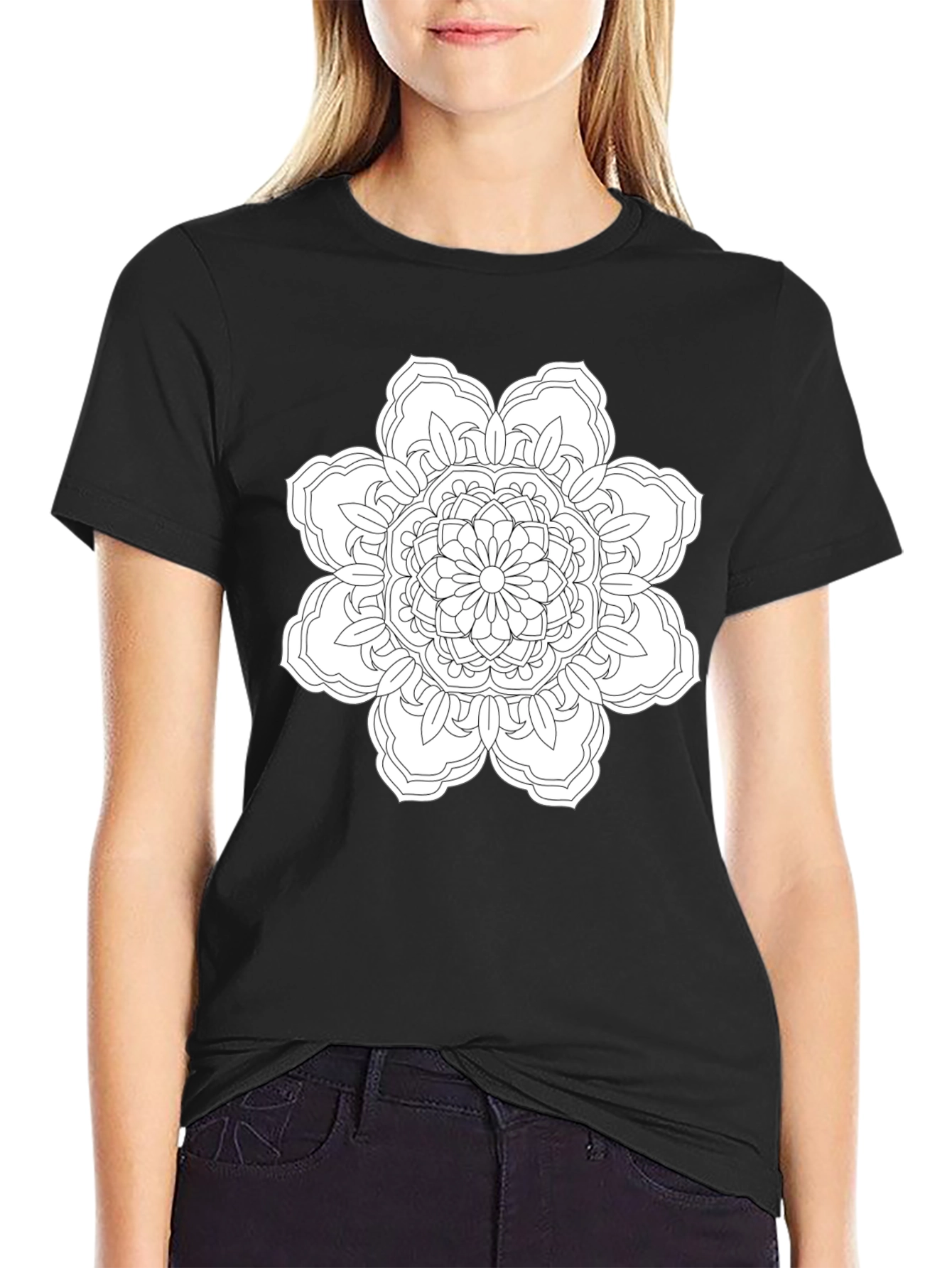 Black T-Shirt with White Floral Mandala Design