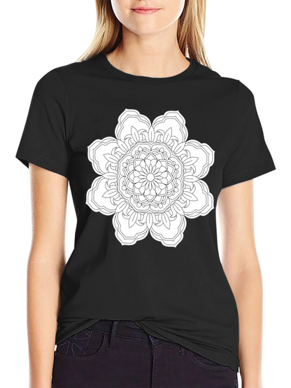 Black T-Shirt with White Floral Mandala Design