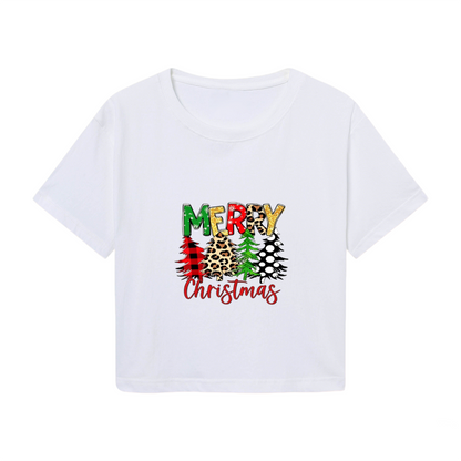 Leopard Plaid Merry Christmas Tree Graphic Crop T?Shirt