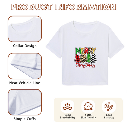 Leopard Plaid Merry Christmas Tree Graphic Crop T?Shirt