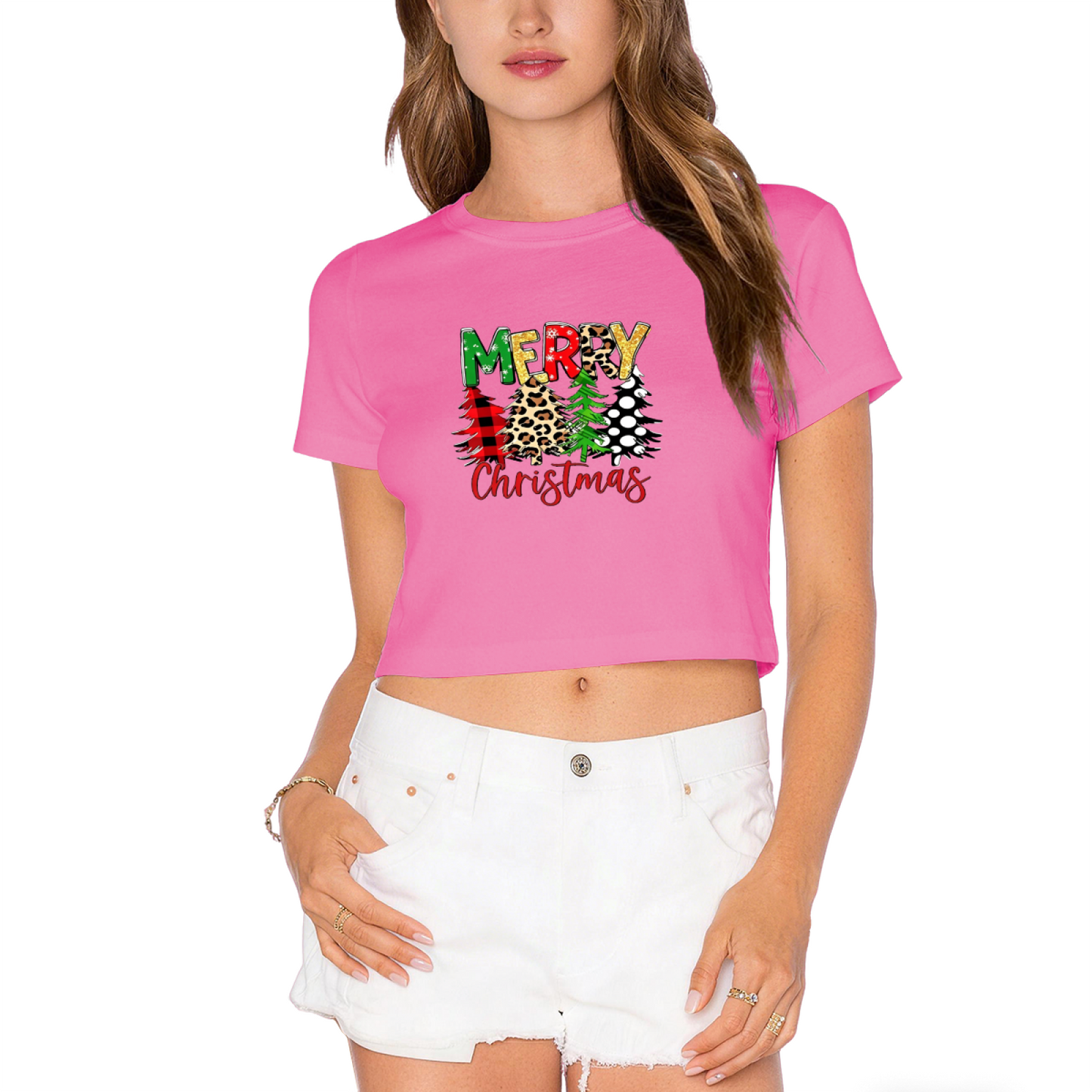 Leopard Plaid Merry Christmas Tree Graphic Crop T?Shirt