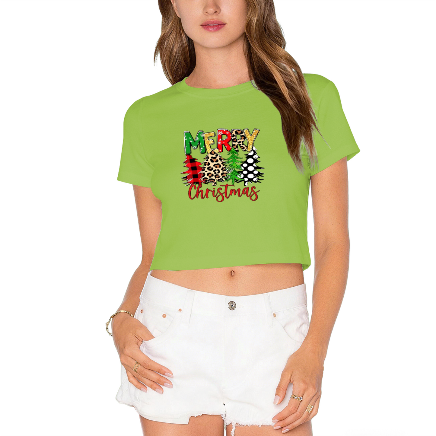 Leopard Plaid Merry Christmas Tree Graphic Crop T?Shirt