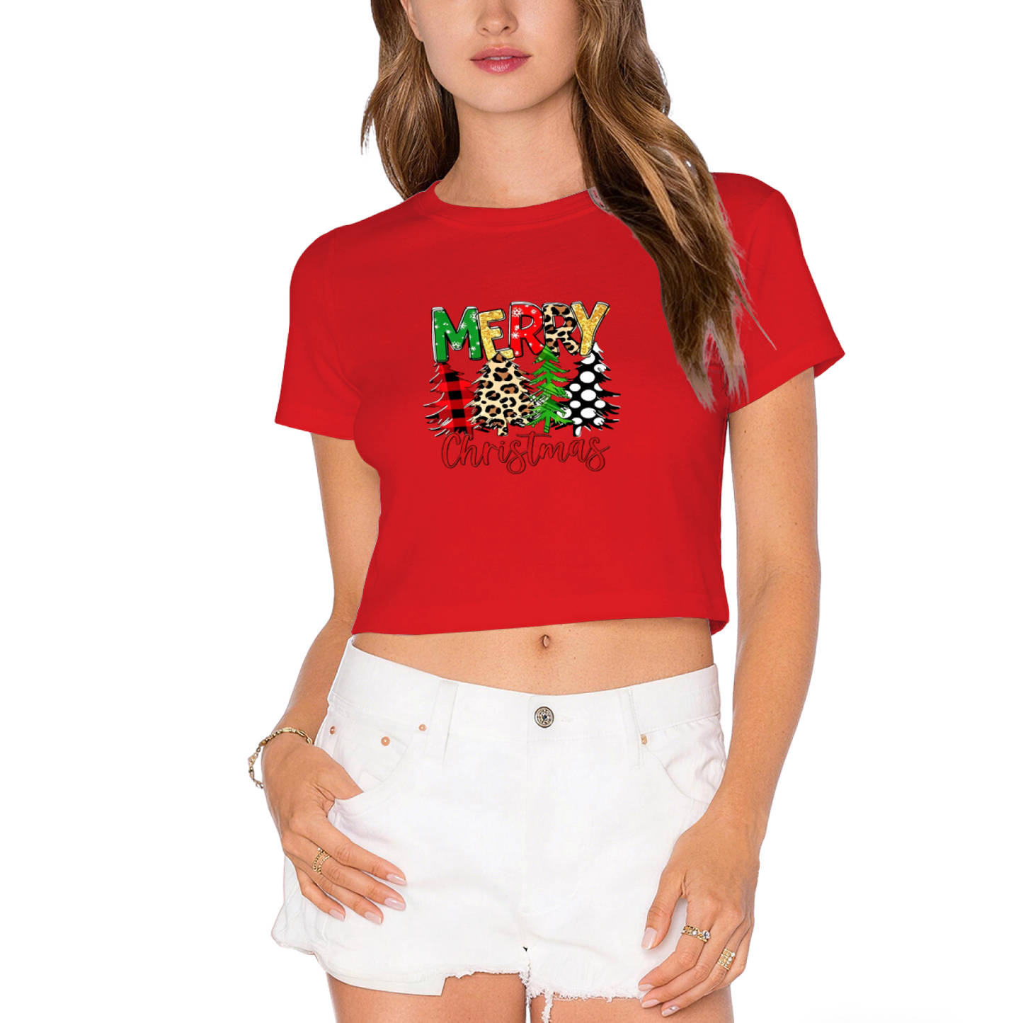 Leopard Plaid Merry Christmas Tree Graphic Crop T?Shirt
