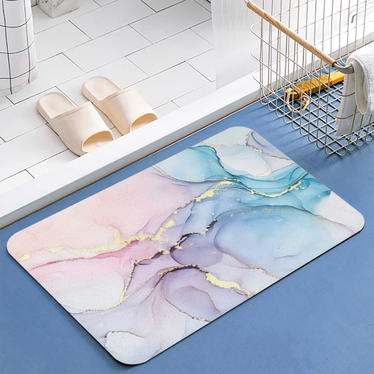 Pink Blue Gold Ink Marble Diatomite Absorbent Bath Mat
