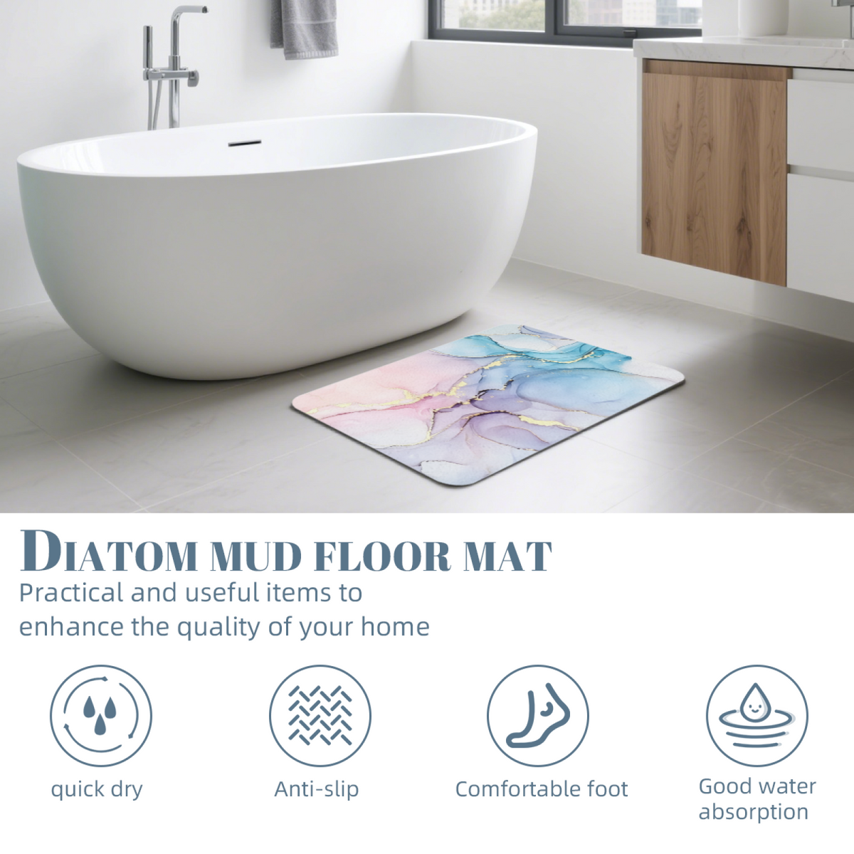Pink Blue Gold Ink Marble Diatomite Absorbent Bath Mat