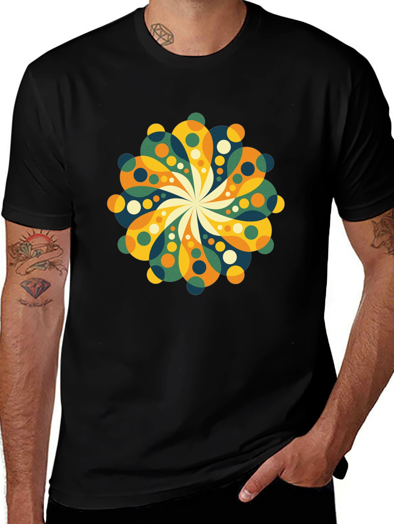 Retro Floral Mandala Black T-Shirt