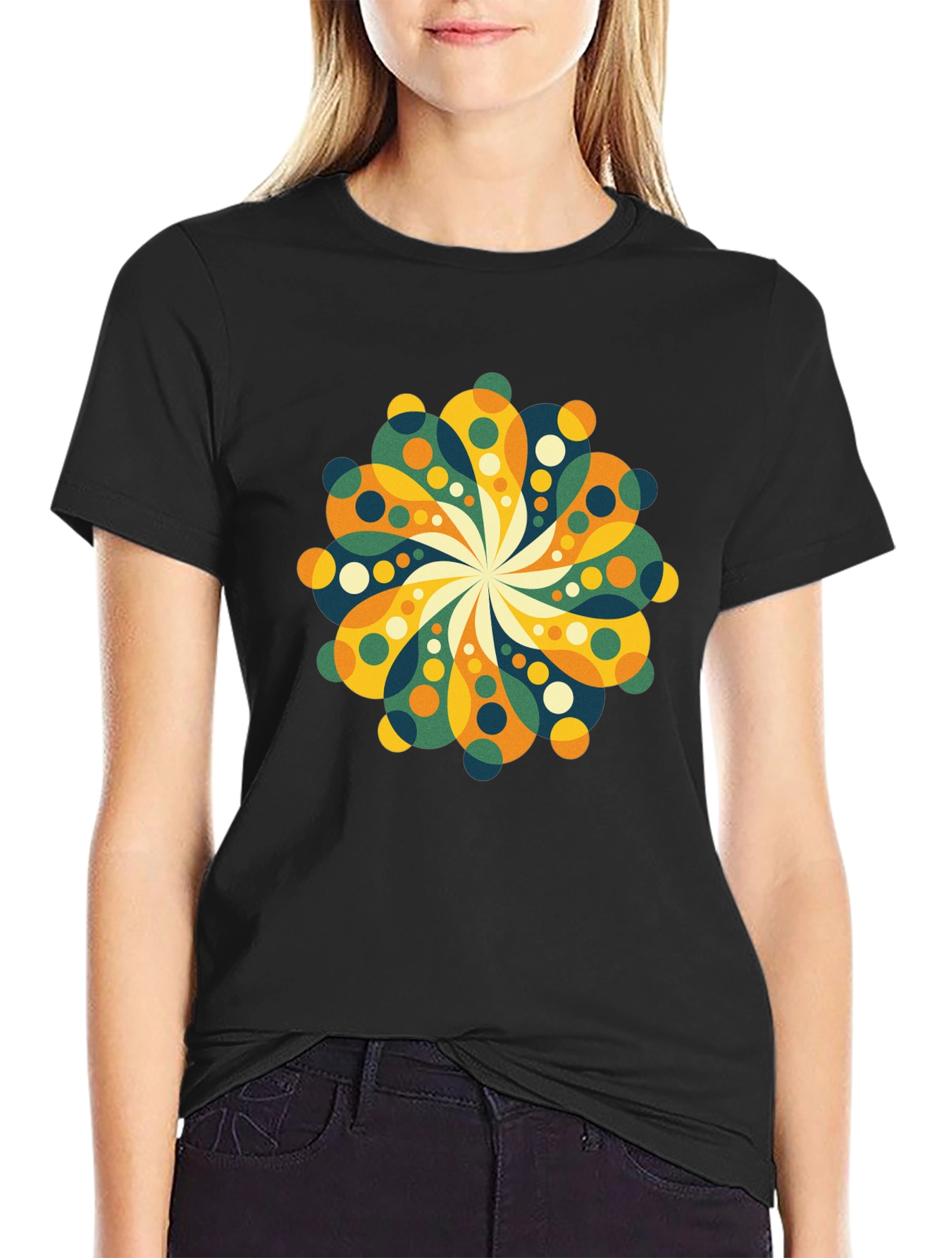 Retro Floral Mandala Black T-Shirt