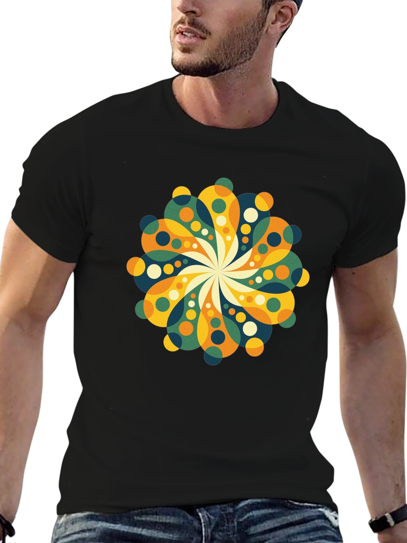 Retro Floral Mandala Black T-Shirt