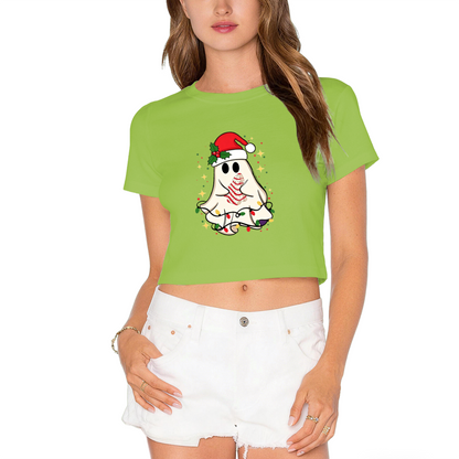 Spooky Cute Ghost Santa Hat Christmas Tree Cake Women Christmas Crop Top