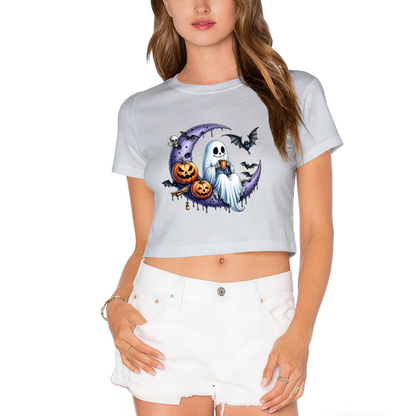 Spooky Ghost On Purple Moon Halloween Cropped T?Shirt