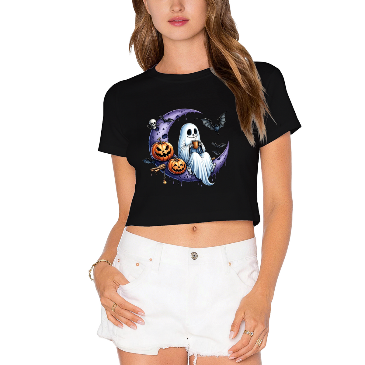 Spooky Ghost On Purple Moon Halloween Cropped T?Shirt