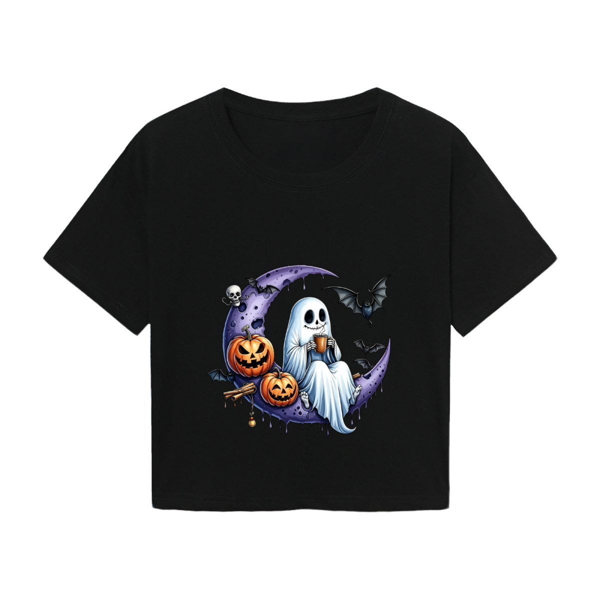 Spooky Ghost On Purple Moon Halloween Cropped T?Shirt