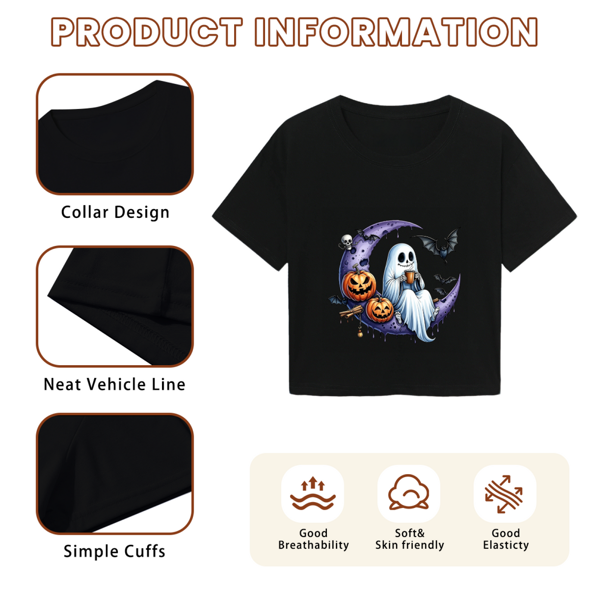 Spooky Ghost On Purple Moon Halloween Cropped T?Shirt