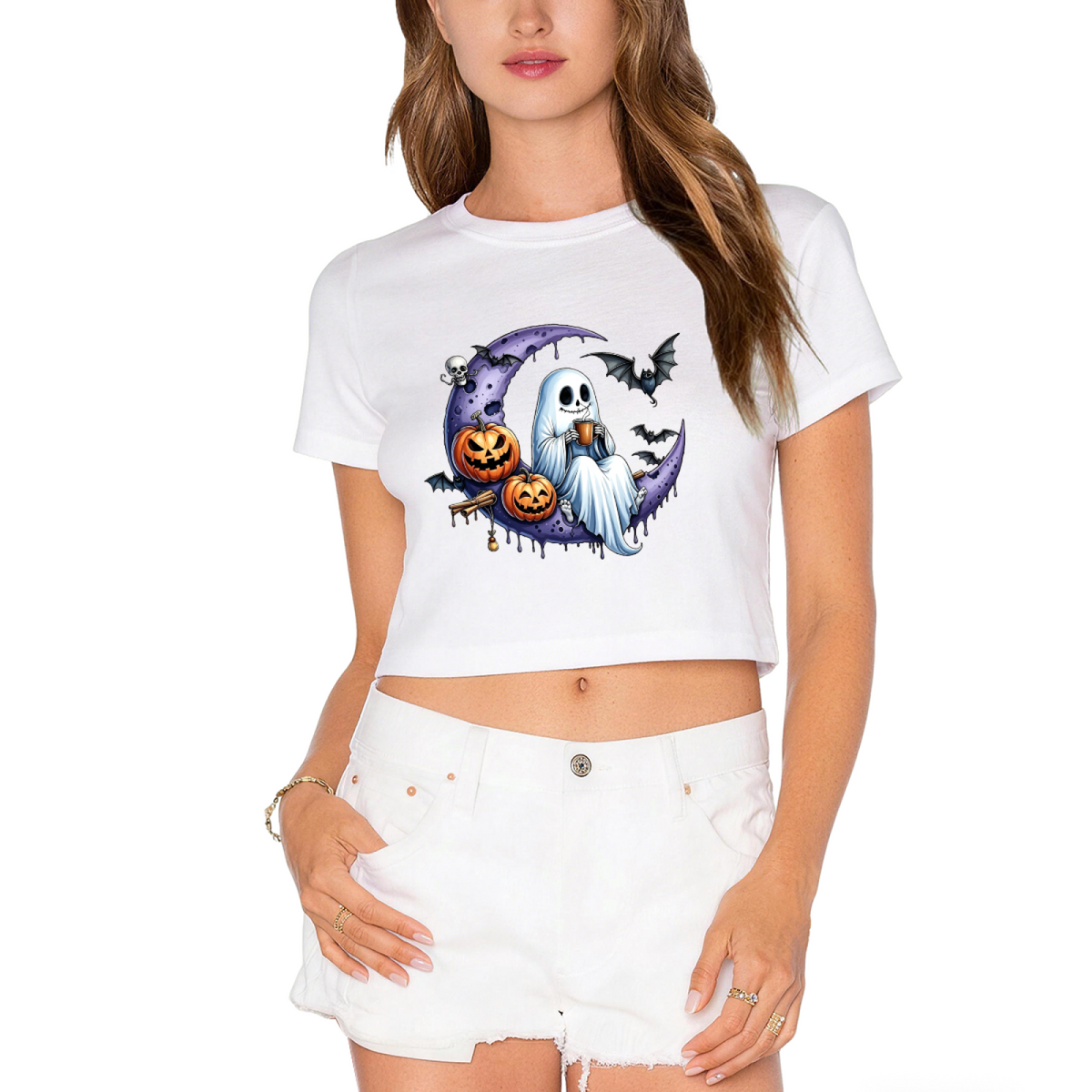 Spooky Ghost On Purple Moon Halloween Cropped T?Shirt