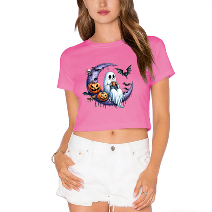 Spooky Ghost On Purple Moon Halloween Cropped T?Shirt