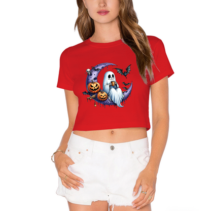 Spooky Ghost On Purple Moon Halloween Cropped T?Shirt