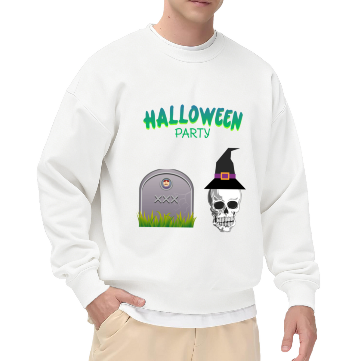 Halloween Party Skull Witch Hat Crewneck Sweatshirt - Spooky Holiday Graphic Pullover