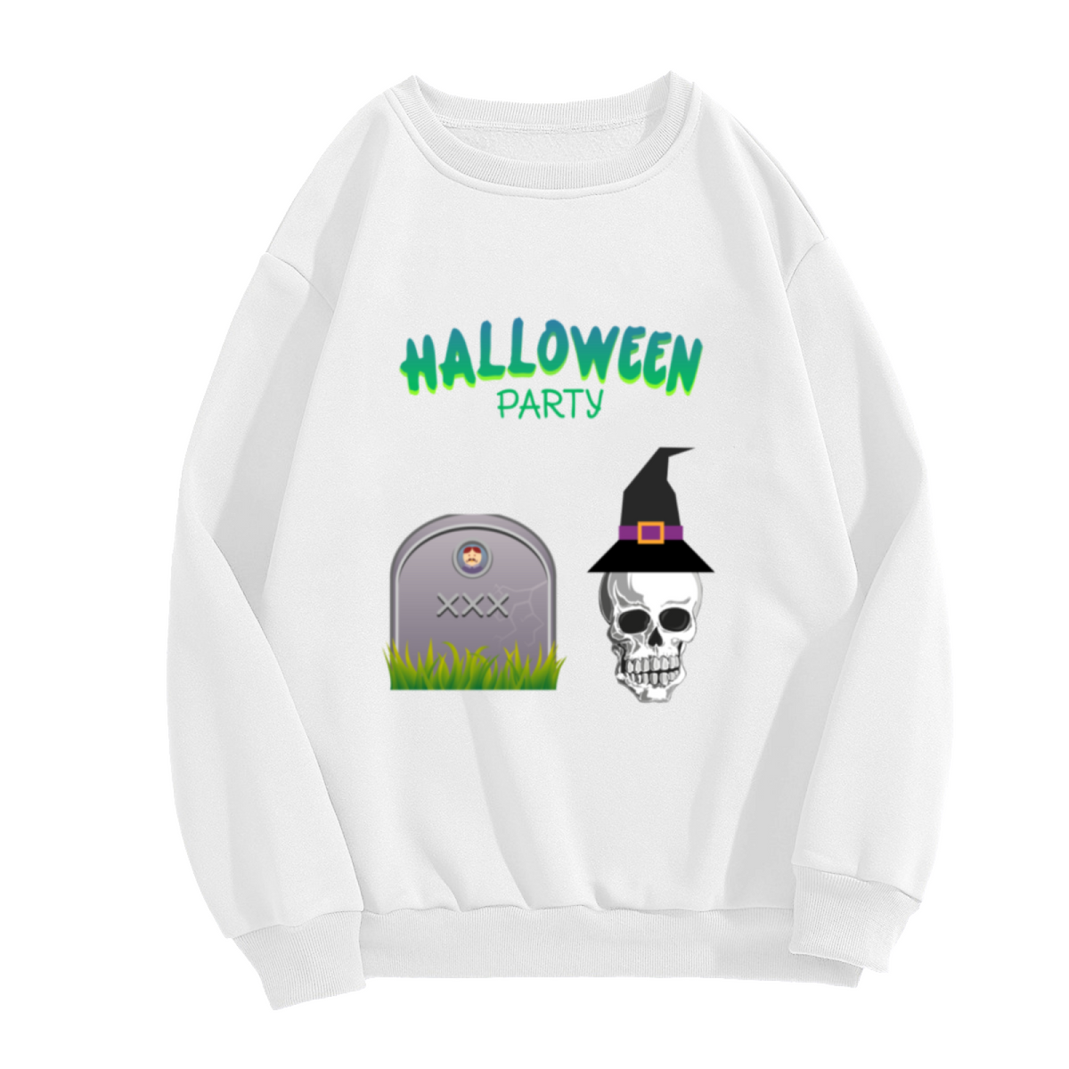 Halloween Party Skull Witch Hat Crewneck Sweatshirt - Spooky Holiday Graphic Pullover