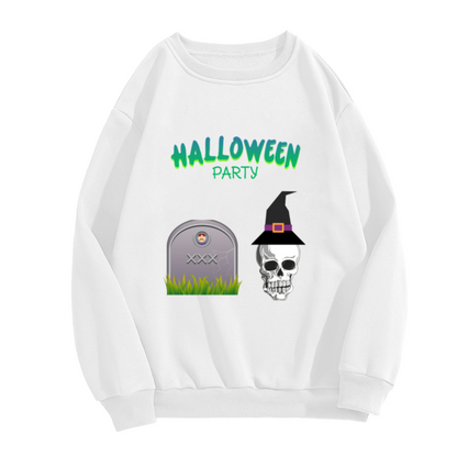 Halloween Party Skull Witch Hat Crewneck Sweatshirt - Spooky Holiday Graphic Pullover