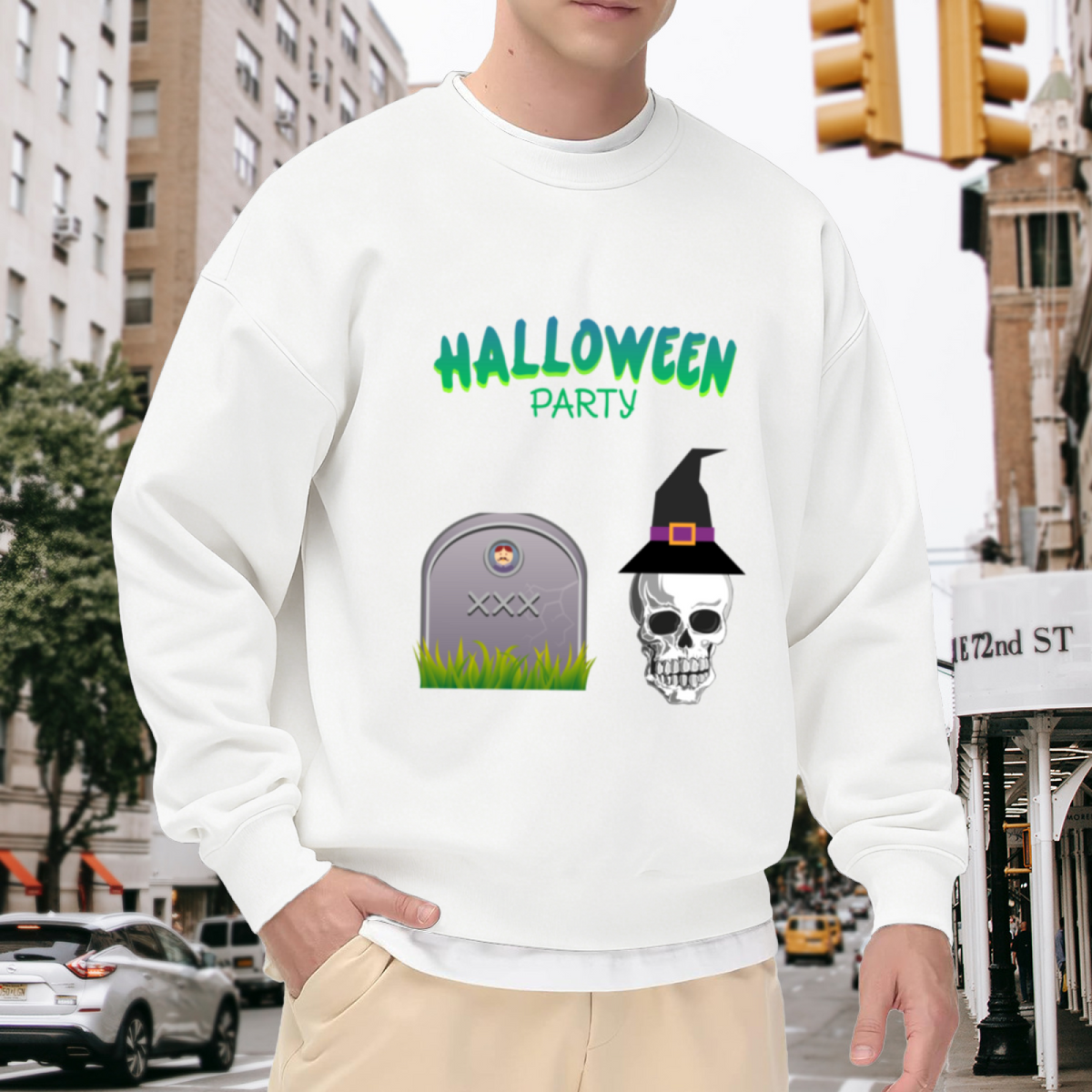 Halloween Party Skull Witch Hat Crewneck Sweatshirt - Spooky Holiday Graphic Pullover