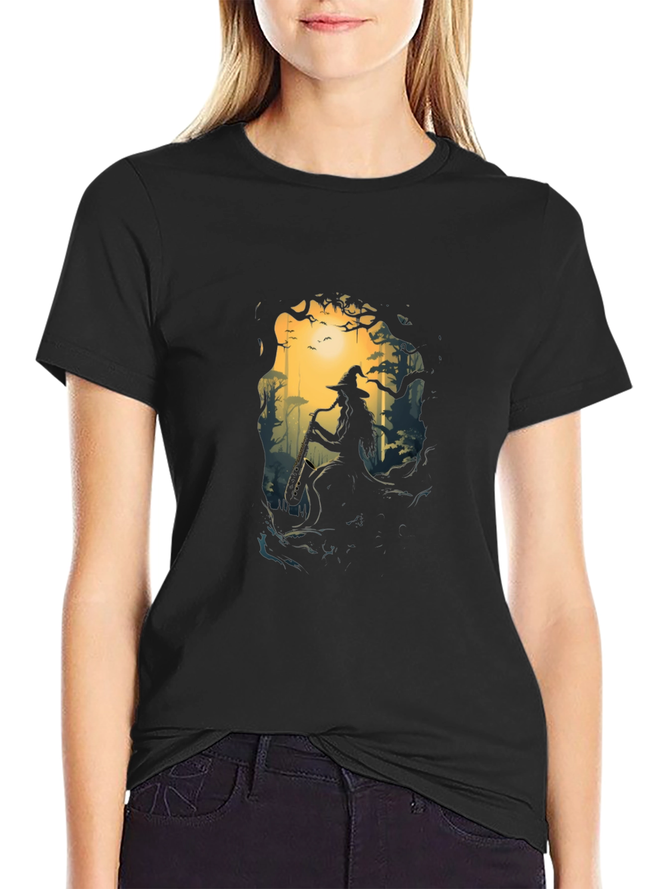Enchanted Forest Witch Graphic Tee - Black
