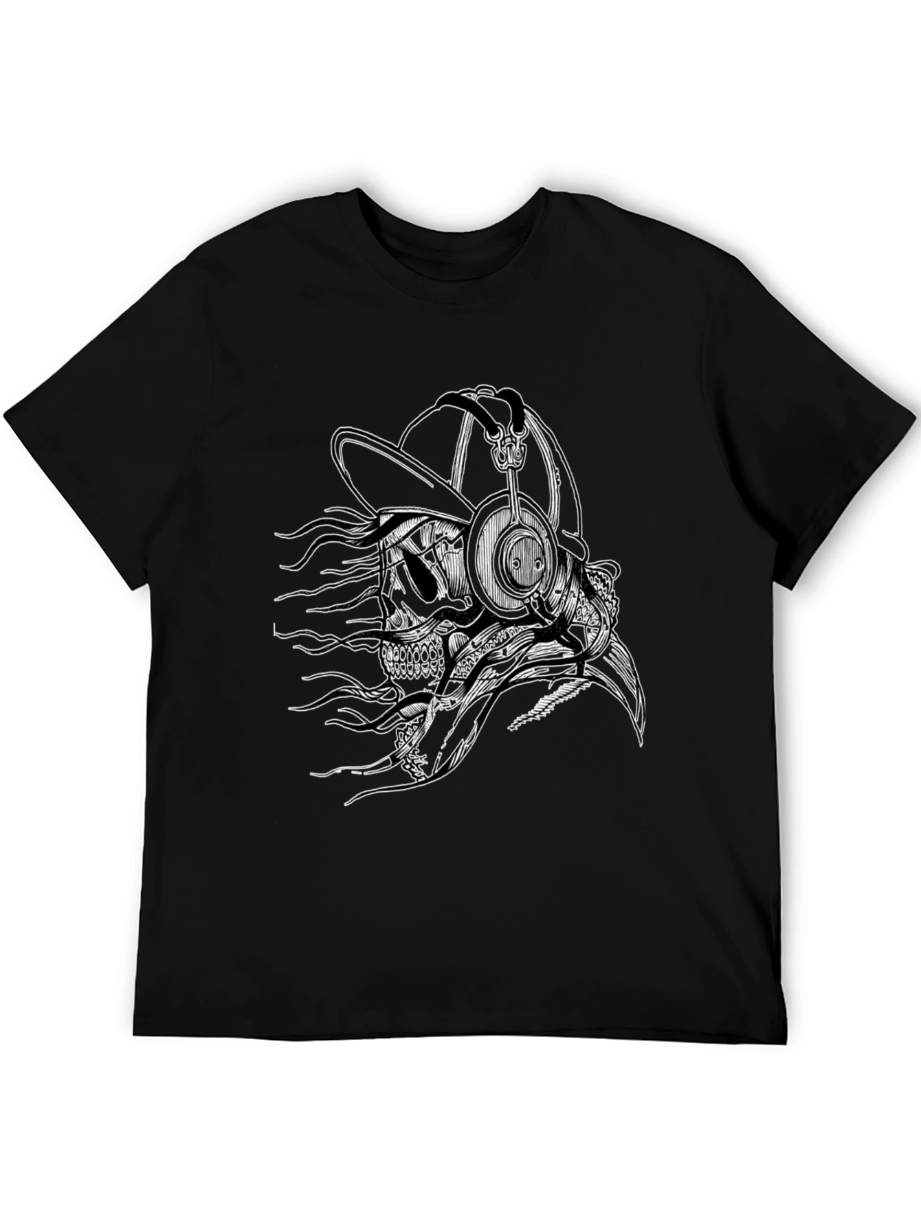 Skull with Headphones Graphic Tee - Black