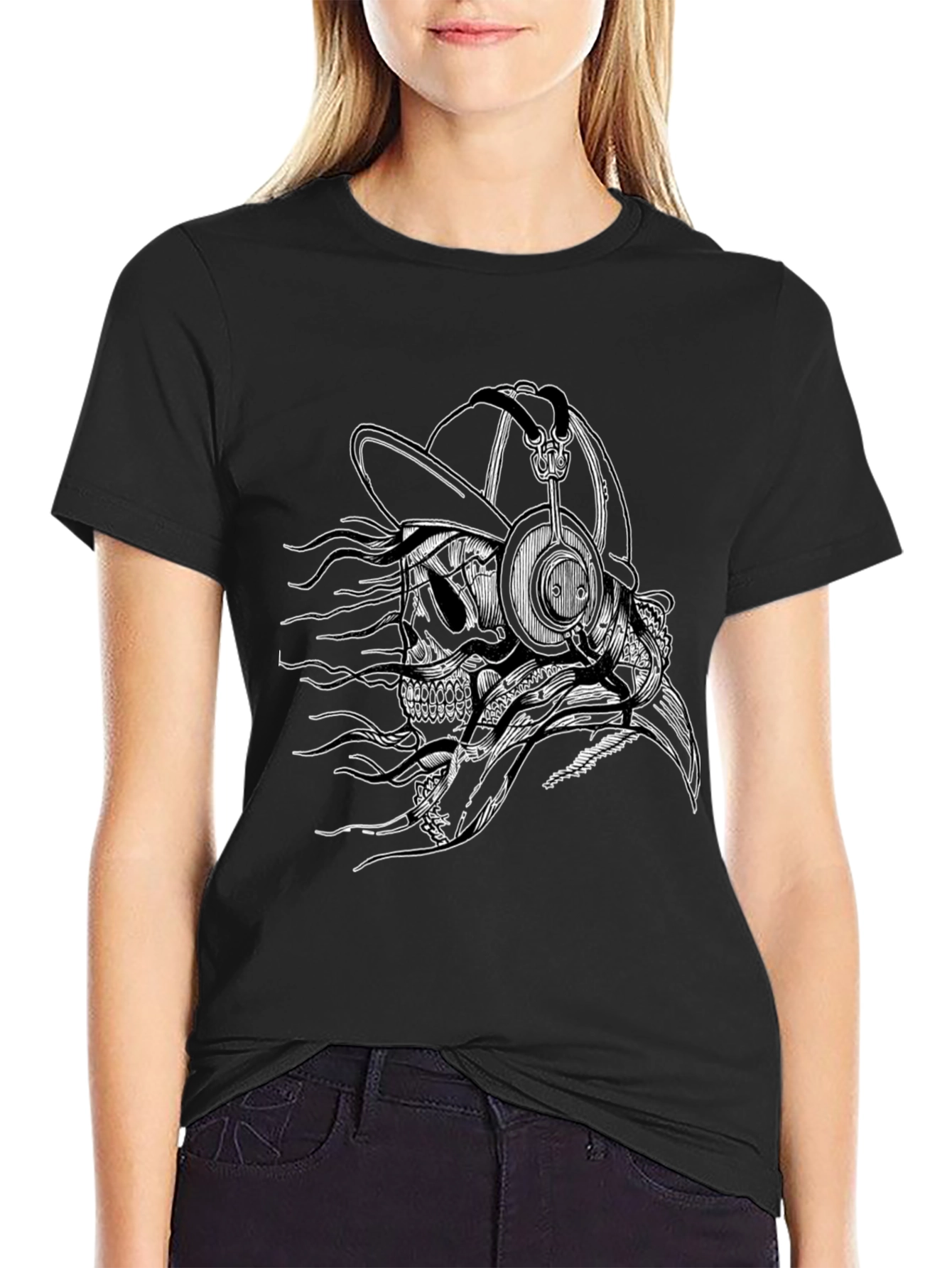 Skull with Headphones Graphic Tee - Black