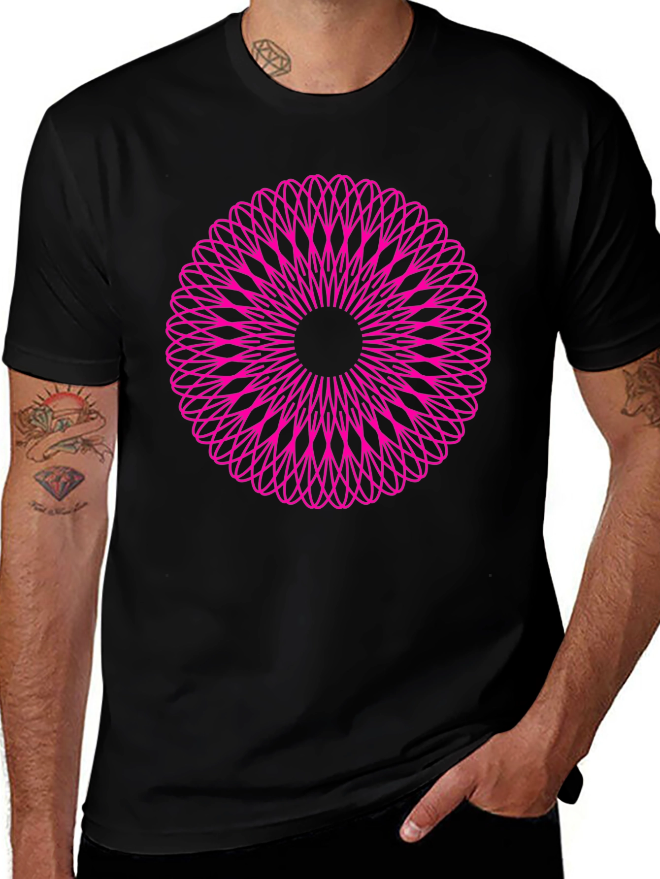 Abstract Pink Mandala Graphic Black T-Shirt