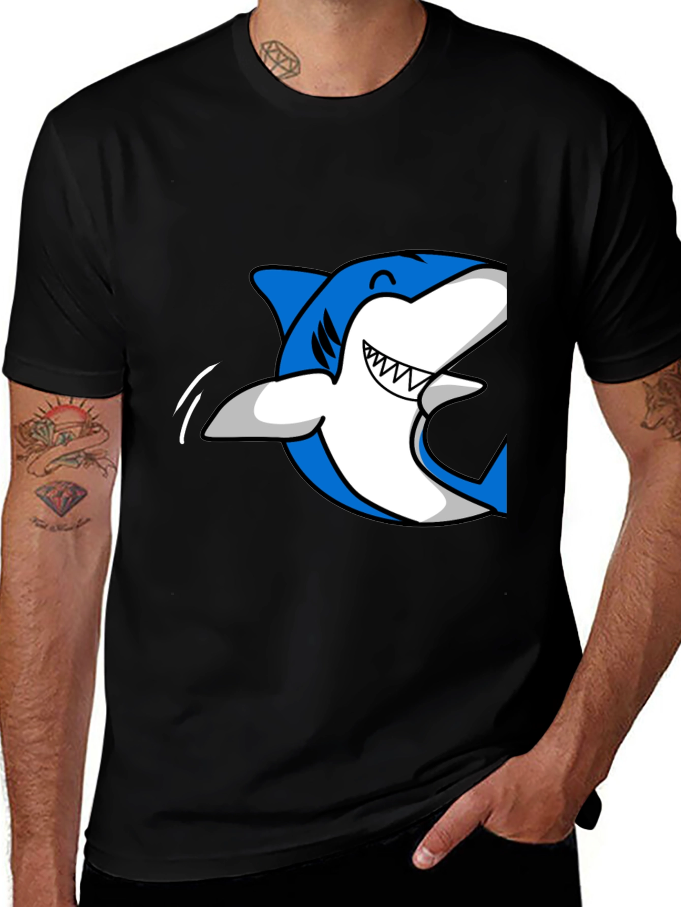Mens Black T-Shirt with Blue Shark Graphic