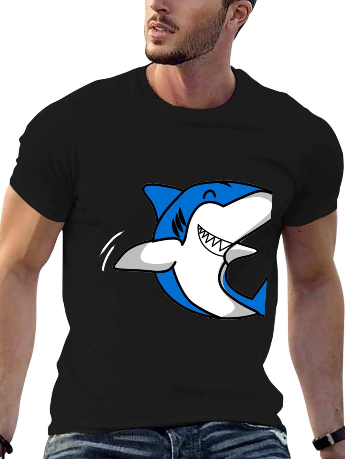 Mens Black T-Shirt with Blue Shark Graphic