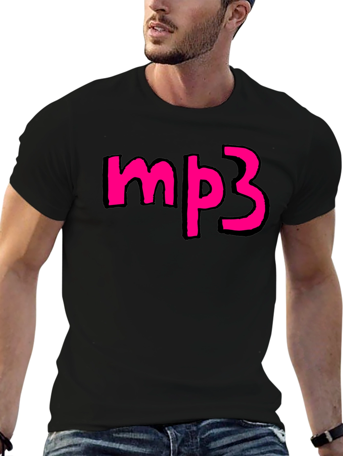 Mens Black T-shirt with Pink mp3 Graphic