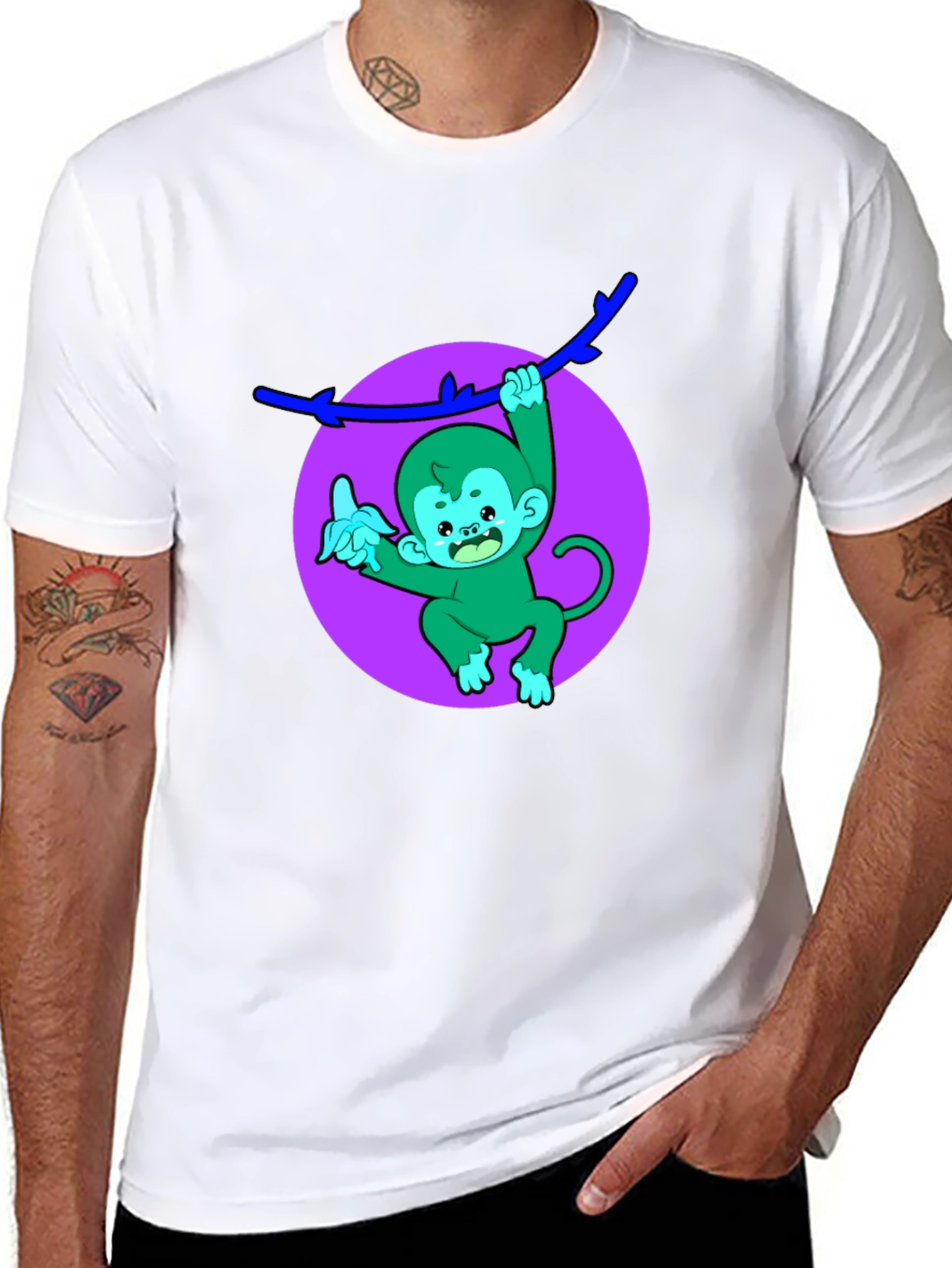 Funny Monkey on Branch Black T-Shirt