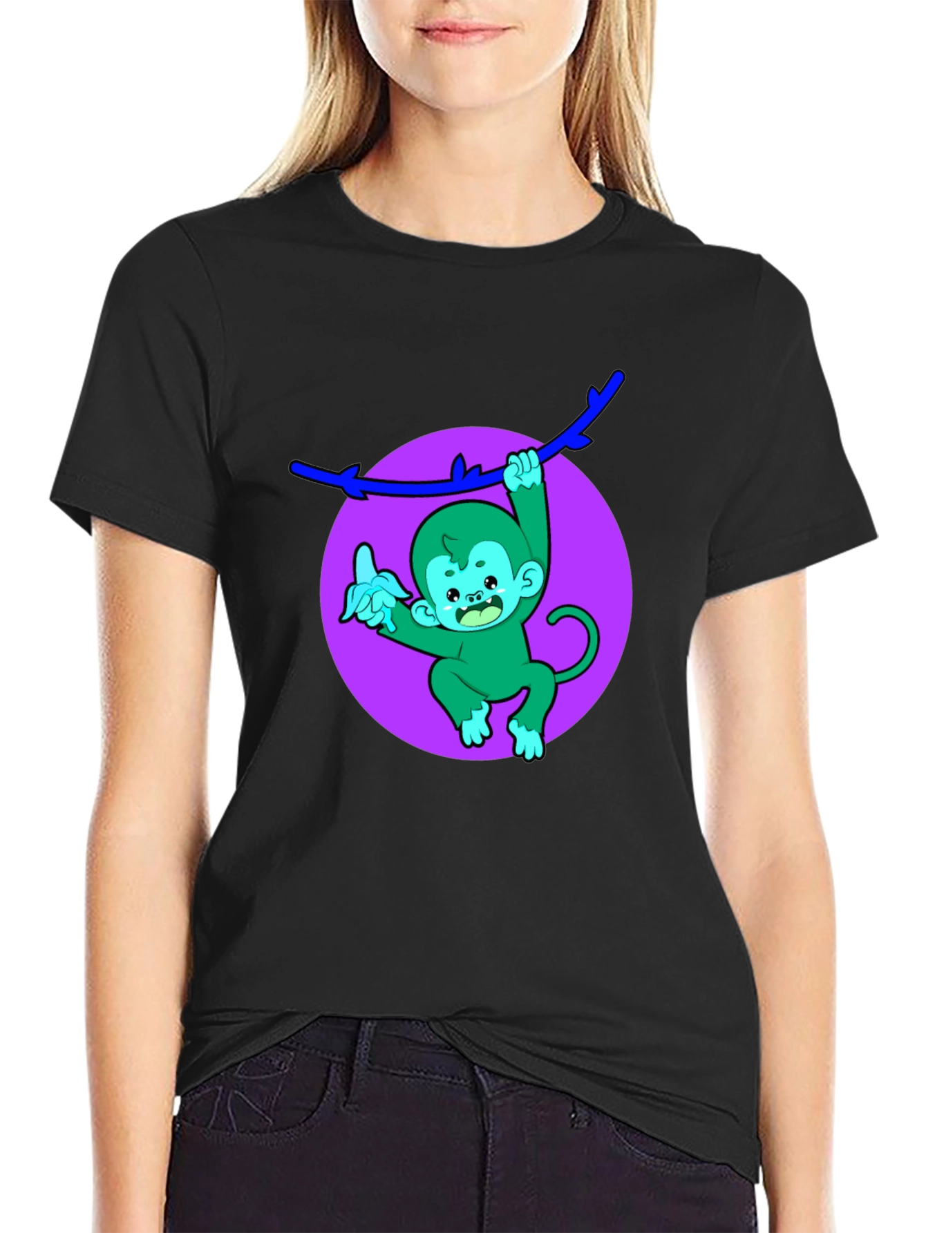 Funny Monkey on Branch Black T-Shirt