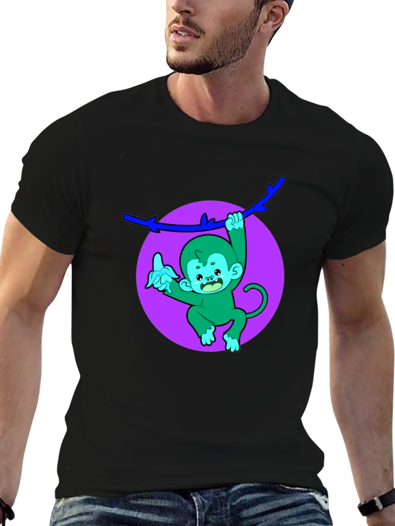 Funny Monkey on Branch Black T-Shirt