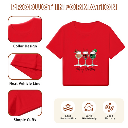 Christmas Wine Glass Buffalo Plaid Party Red Crop Top