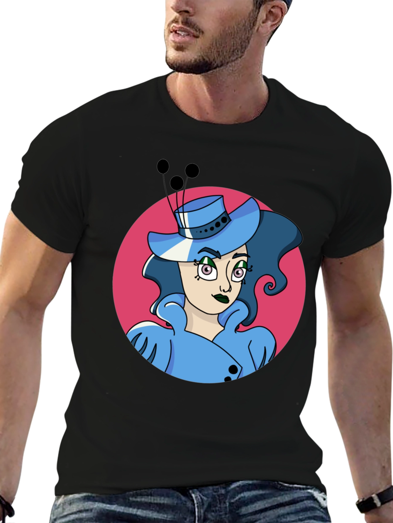 Whimsical Woman Graphic Tee - Black Cotton Blend