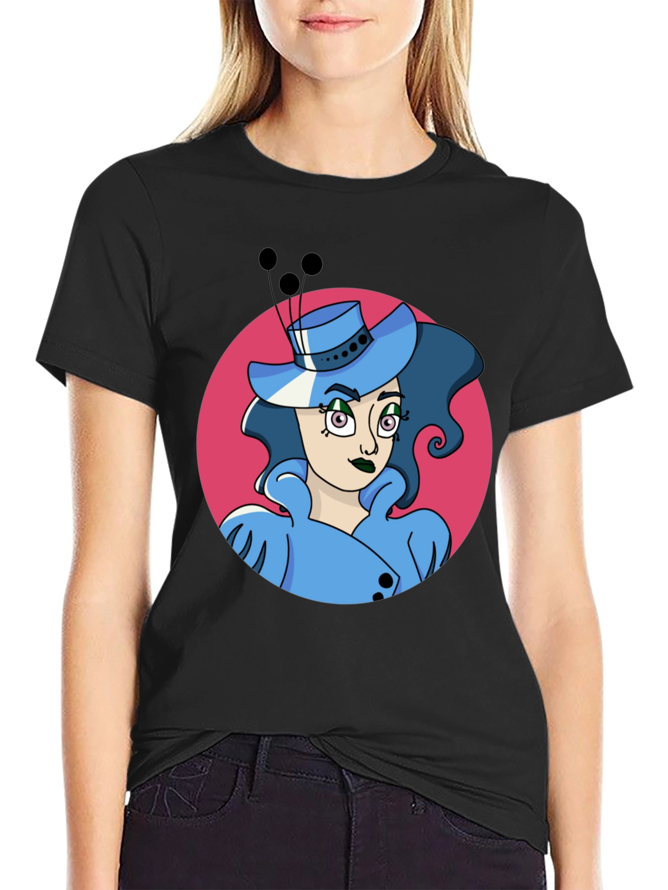 Whimsical Woman Graphic Tee - Black Cotton Blend