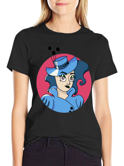 Whimsical Woman Graphic Tee - Black Cotton Blend