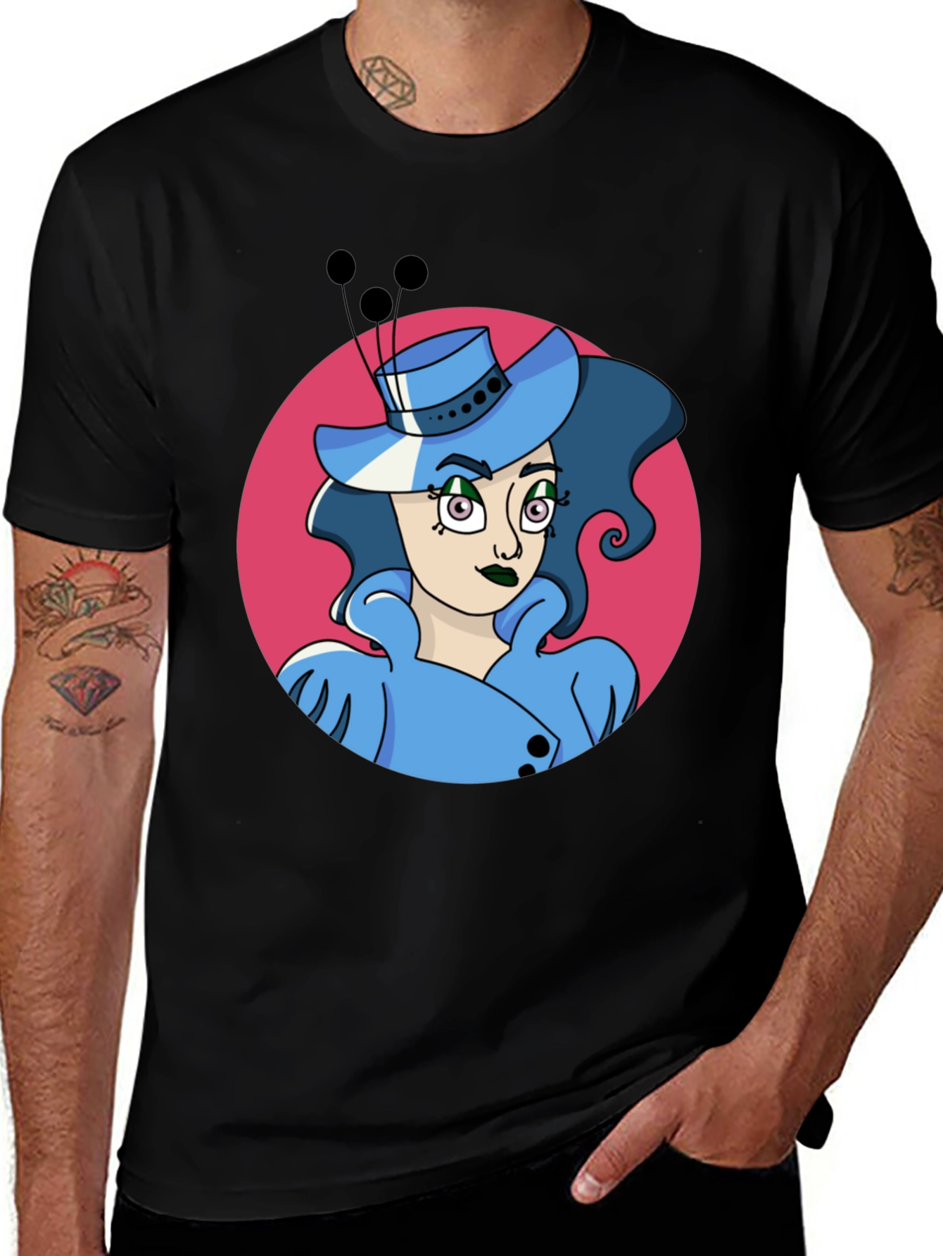 Whimsical Woman Graphic Tee - Black Cotton Blend