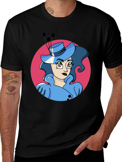 Whimsical Woman Graphic Tee - Black Cotton Blend