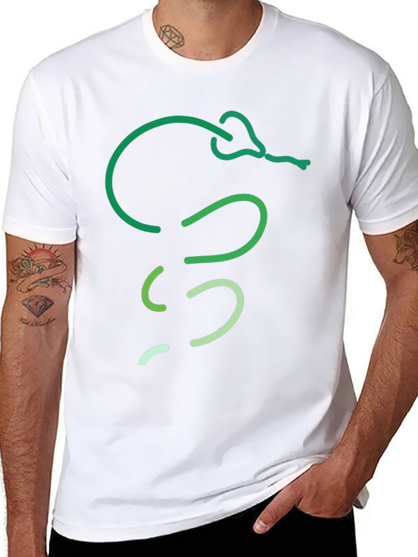 Green Snake Line Art Black T-Shirt