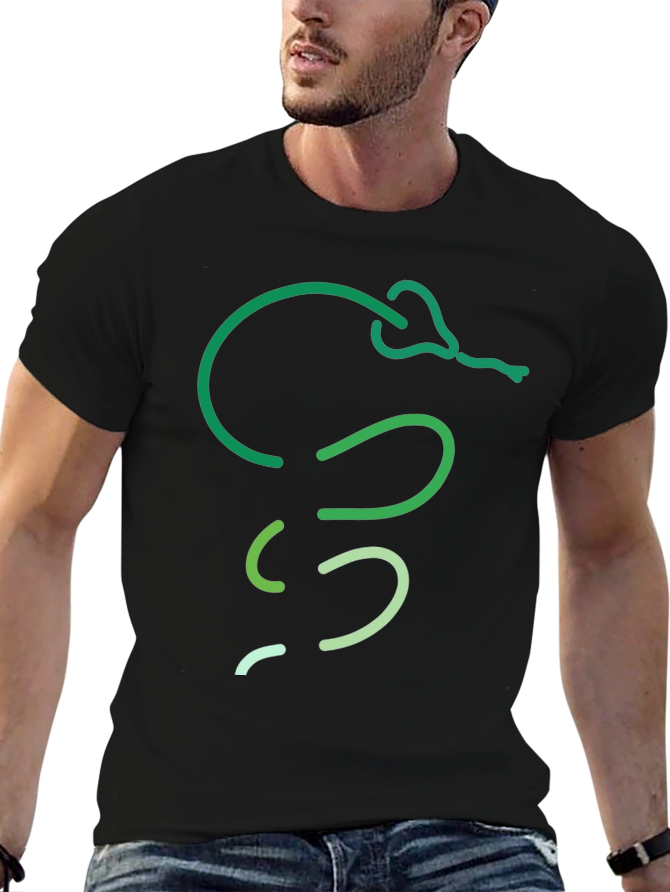 Green Snake Line Art Black T-Shirt