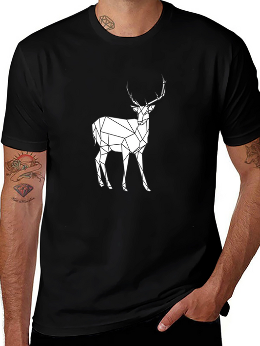 Geometric Deer Graphic Tee - Black Cotton T-Shirt