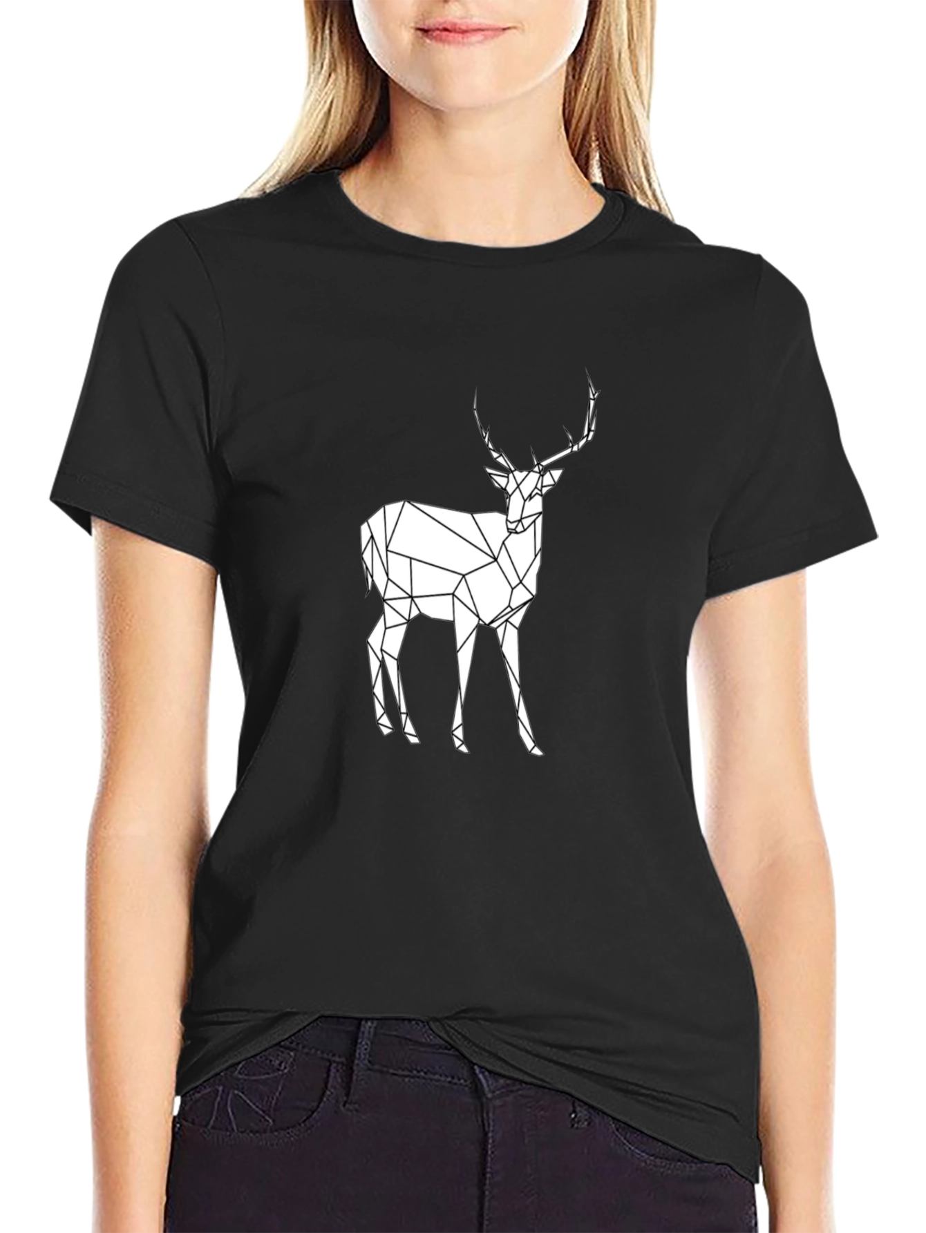 Geometric Deer Graphic Tee - Black Cotton T-Shirt