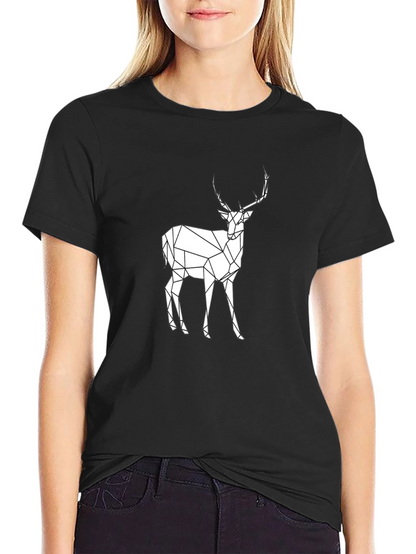 Geometric Deer Graphic Tee - Black Cotton T-Shirt
