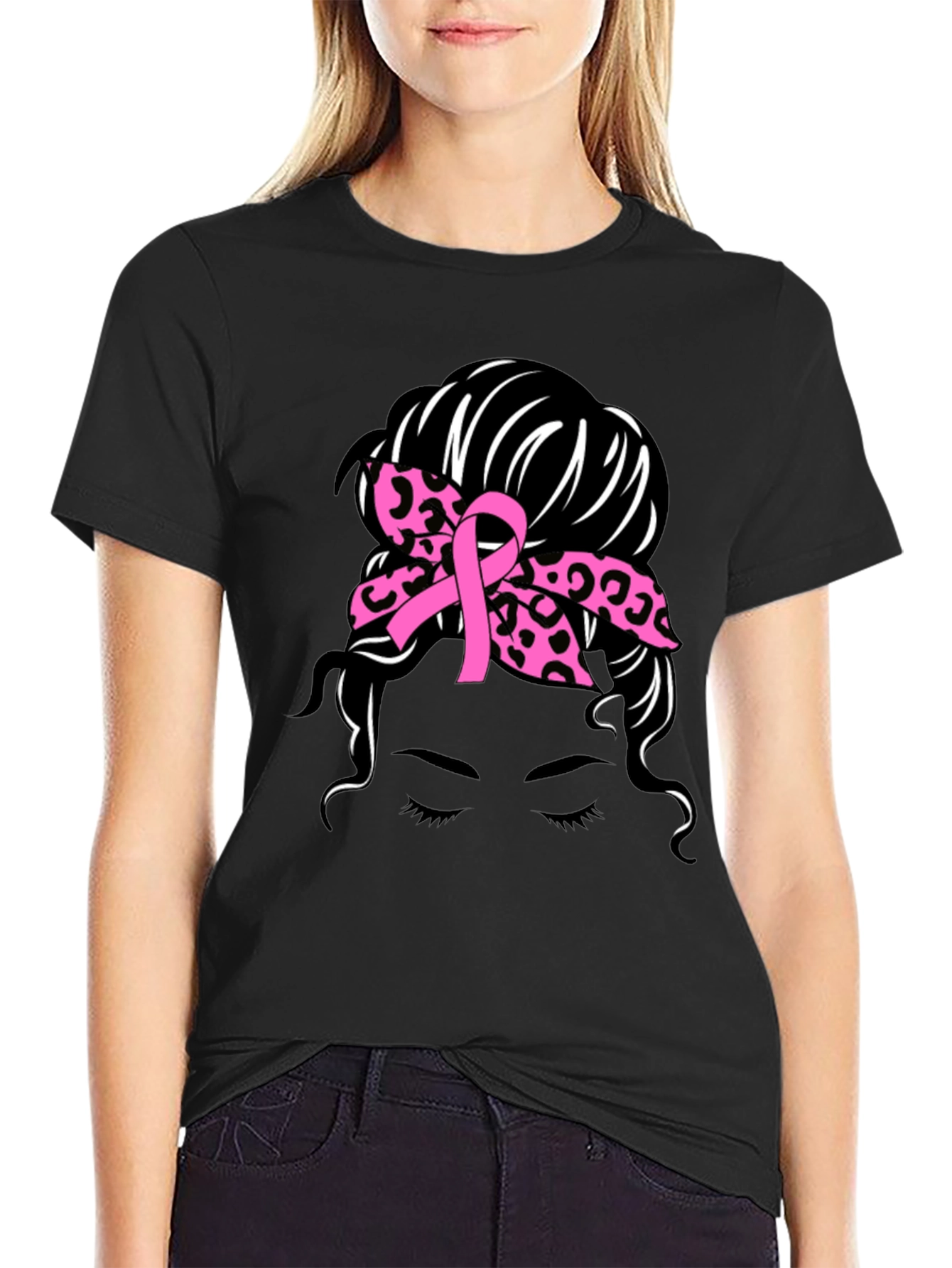 Breast Cancer Awareness Messy Bun T-Shirt
