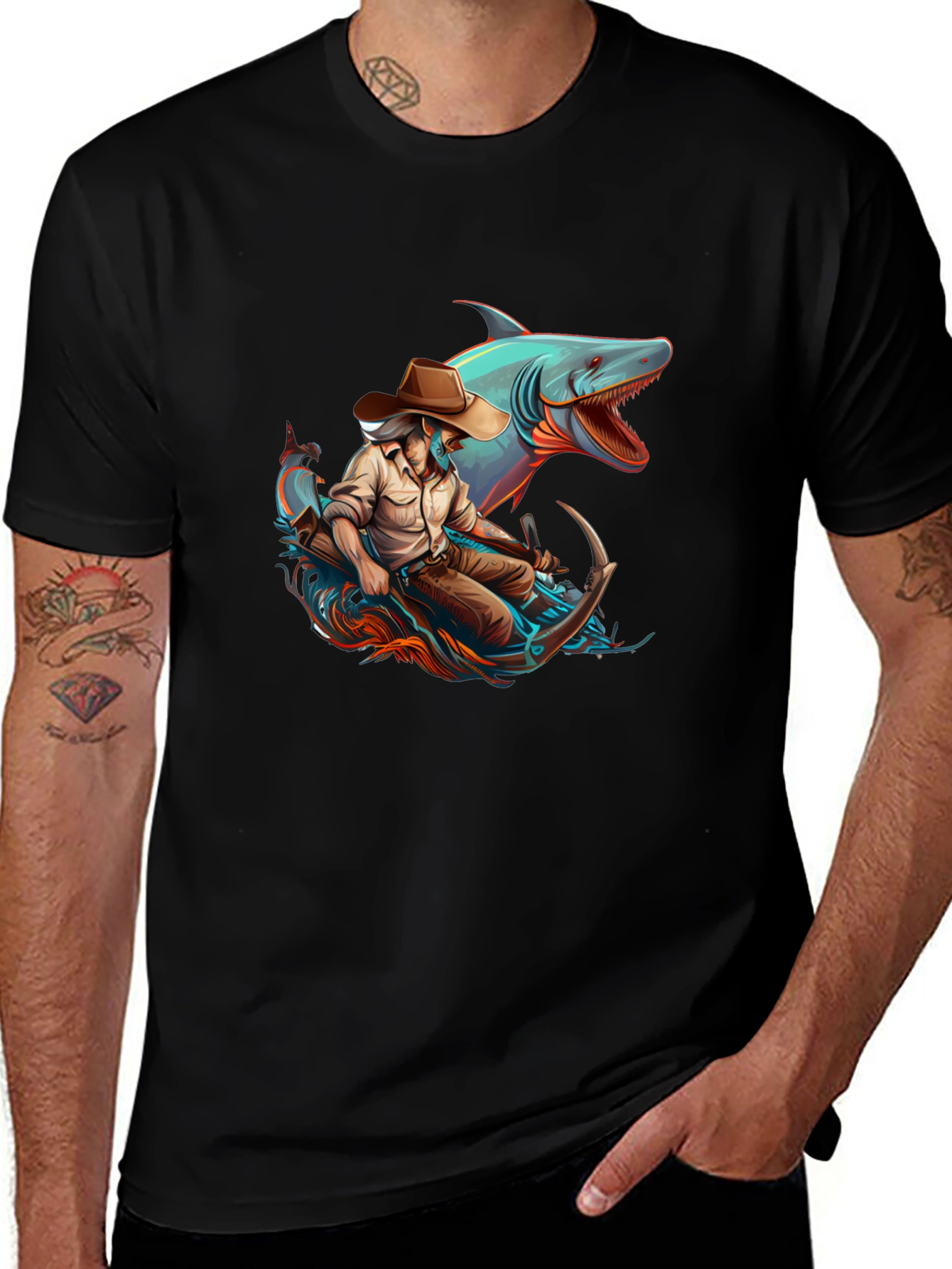 Shark Cowboy Graphic T-Shirt - Black