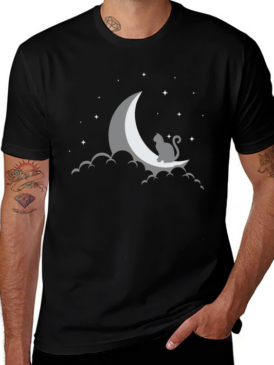 Cat on Moon Graphic Tee - Black Cotton Comfort