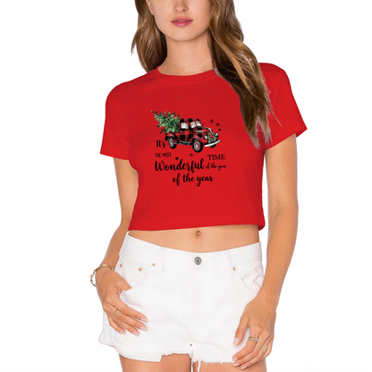 Red Buffalo Plaid Vintage Truck Christmas Tree Women Holiday Crop Tee