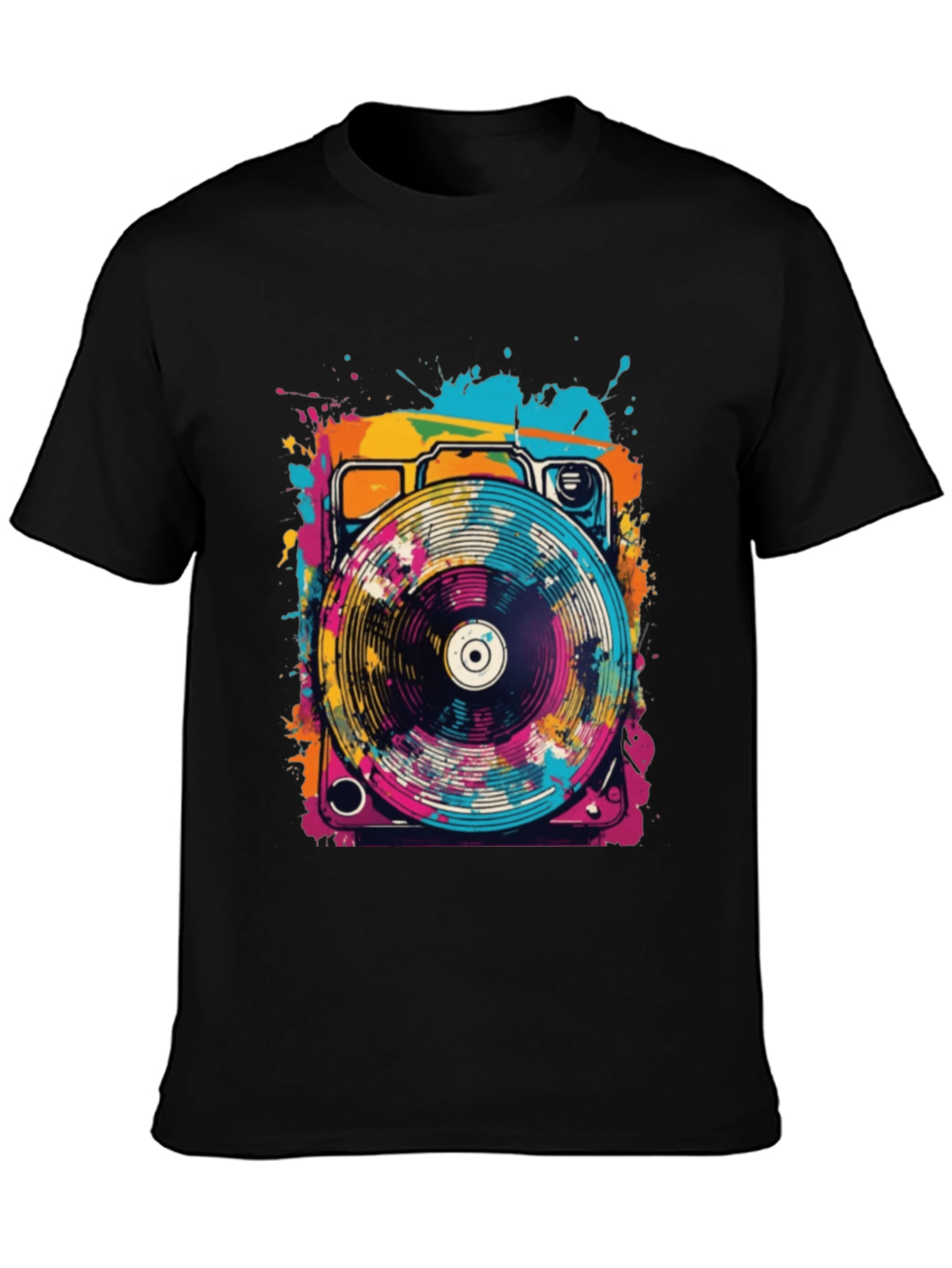 Retro Turntable Graphic Tee - Black Cotton Blend